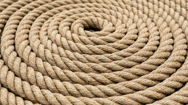 A thick jute rope is tightly coiled in a spiral shape, it creates a rustic nautical background.