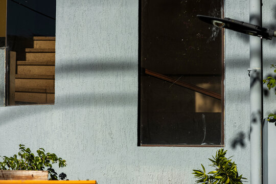 Textured blue urban wall holds dark window shadow and plant detail