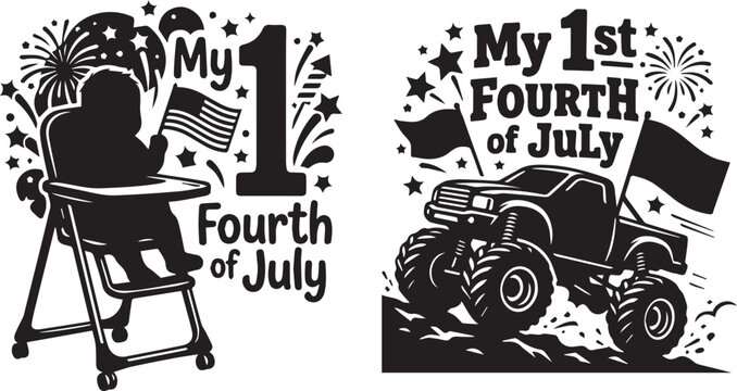 Independence Day icons, patriotic symbols, baby and truck illustrations, Fourth of July graphics, American flag designs
