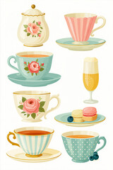 Obraz premium Vintage afternoon tea party collection featuring elegant rose decorated teacups, saucers, sugar bowl, macarons and drinks