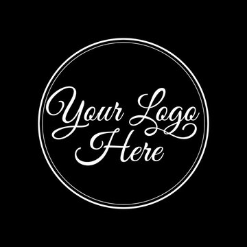 Logo placeholder template featuring custom script font inside a double thin circular frame on a black background