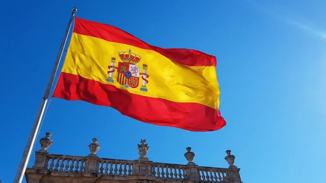 The national flag of spain waving against a clear blue sky above a historic building