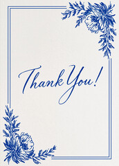 Obraz premium Thank you card with elegant blue floral corners and calligraphy script on textured white background