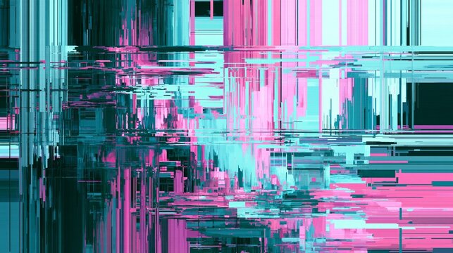 A vibrant and distorted digital artwork with pink and blue hues and glitch effects