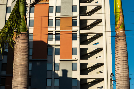 Layered hotel facade stands between palm trunks with orange panels and stair shadow
