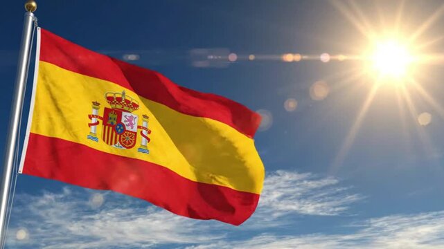 Spanish flag waving against a bright blue sky with sun flare