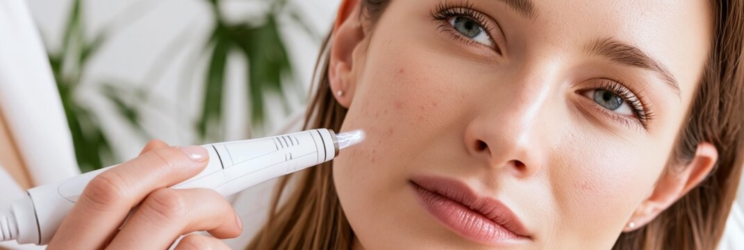 Closeup medium shot highlighting the precision of handheld plasma pen near acnescarred cheekbone surrounded by white walls and subtle indoor plants in softly lit clinical setting.