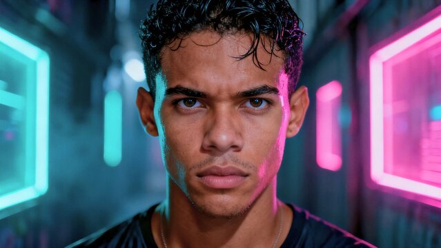 Futuristic young Brazilian man with neon light reflections on face in creative cyberpunk frontal portrait.