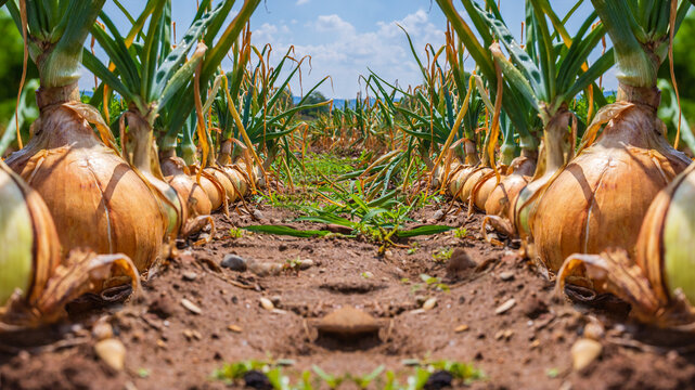 Onion harvest in a field under a blue sky with some clouds during the daytime