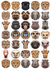 Fototapeta premium Wild animal faces in circular illustrations on white background 