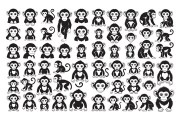 A large collection of various black monkey vector silhouettes depicting different poses and expressions © BULBUL ISLAM