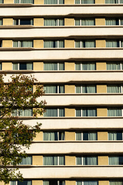 Repetitive hotel facade extends in horizontal bands beside leafy urban foreground