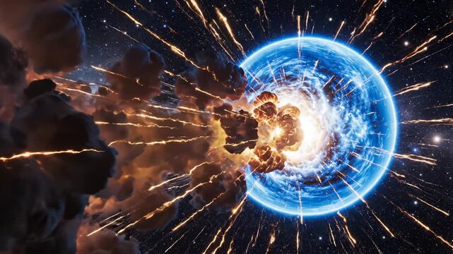 Explosion near blue planet in space highlighting environmental conservation and serenity