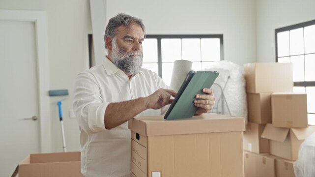 Man tapping tablet on a cardboard box while organizing packed moving packages inside a bright building with stacked boxes and bubblewrap; moving planning serenity.