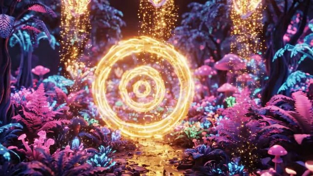 Magical Portal in Enchanted Fantasy Forest Glowing Mushroom Landscape