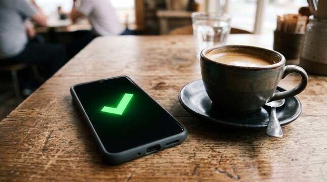 Smartphone displaying green graph on wooden table with coffee cup in cozy cafe setting