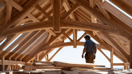 Fototapeta premium heavy timber king post roof truss soaring inside a barn conversion project, carpenter silhouetted against skylights at golden hour, structural woodwork craftsmanship, rural agricultural building ren