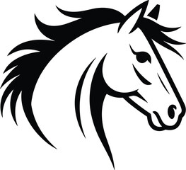 Powerful horse head vector in black and white, showcasing a flowing mane and wild freedom in a minimalist graphic design on white. ©  Victory Pixel