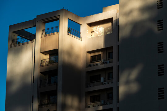 Open framed residential facade catches golden light and soft shadow patterns