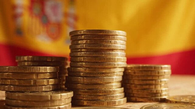 Stacks of gold coins on a wooden table with the spanish flag in the background