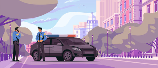 Police officers urban patrol street scene law enforcement two uniformed policemen standing near patrol car city buildings trees daylight © mast3r