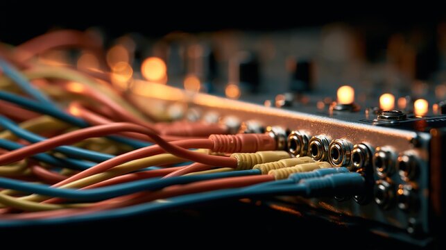 Colorful patch cables plugged into a modular synthesizer patchbay in a dark studio environment