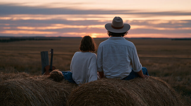 Rural Australian family sitting on hay bales watching a summer solstice sunset over farmland, the sky enormous and deep above flat paddocks, a guitar leaning against the fence nearby, children lying