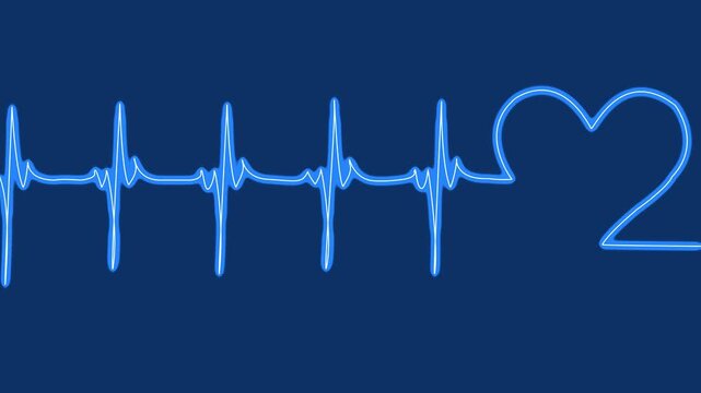 Heartbeat pulse animation with blue neon line forming shape of heart symbol on dark blue background dynamic motion.