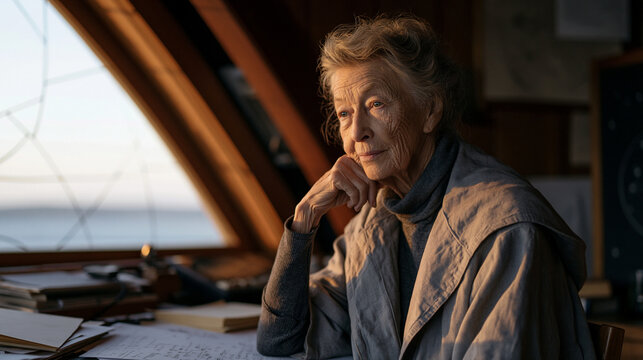 Retired astrophysicist woman in her seventies sits alone at predawn observatory desk surrounded by star charts and handwritten calculations, isolation and quiet purpose etched into her weathered fac