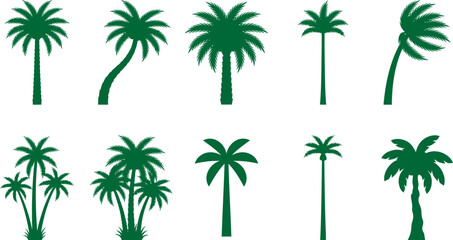 Set of various green palm tree silhouettes on white background © VectoLover