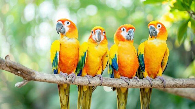 Beautiful family of four colorful sun conure parrots sitting on a branch. Cute Aratinga solstitialis birds grooming and interacting