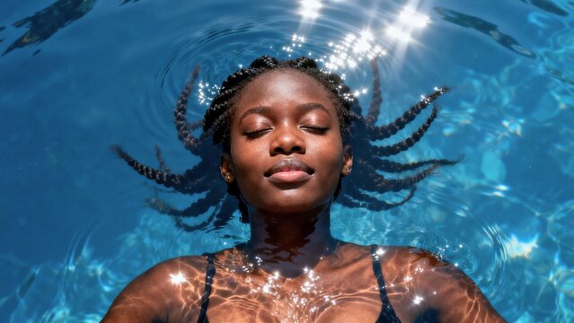 Serene young Nigerian woman floating under water surface in unique high angle portrait with sun beams.