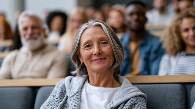 Multicultural cohort of adults in a community college lecture hall listens to a returning student in her fifties share her story during a first day orientation, the classroom setting grounding the e