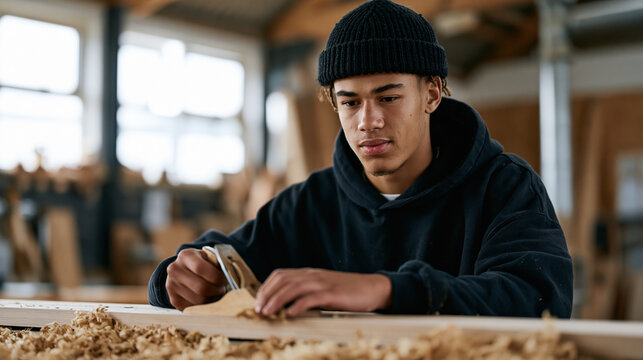 Male adolescent at a youth detention center participates in a vocational woodworking class, hands guiding a plane across lumber, focused expression carrying the weight of a second chance life moment