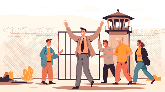 Prison release celebration people greeting ex-inmate outside jail fence watchtower barbed wire flat design banner