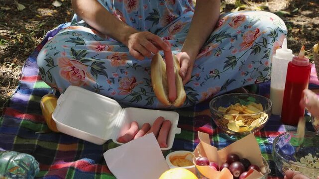 Preparing a classic hot dog with mustard for an enjoyable outdoor meal in natural daylight.