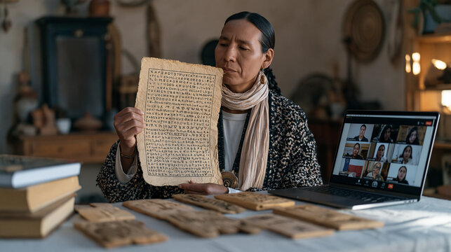 Indigenous language teacher holding laminated alphabet chart during live stream recording for diaspora students worldwide, handcrafted wooden letters arranged on table, laptop showing participant th