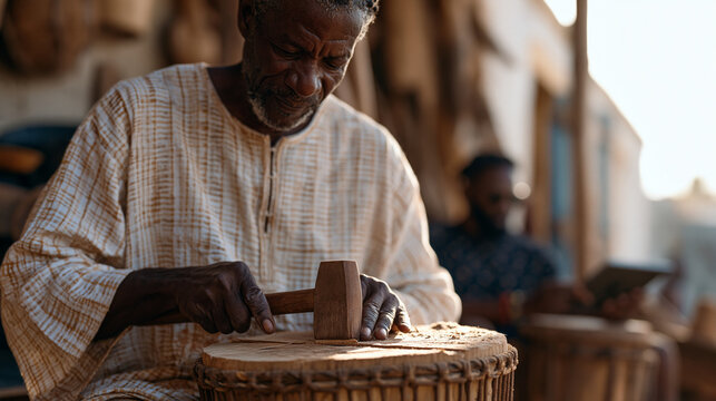 Haitian master drum maker splitting wood with traditional adze in open-air workshop while international music buyer documents sourcing process on tablet for ethical provenance report, sawdust settli