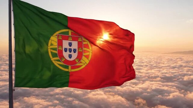 Flag of portugal waving against a dramatic sunrise over a sea of clouds