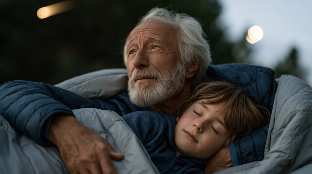 Elderly grandfather in his eighties lies on a sleeping bag in his backyard during a meteor shower, grandson of nine asleep beside him, one arm around the child, the old man still watching the sky wi