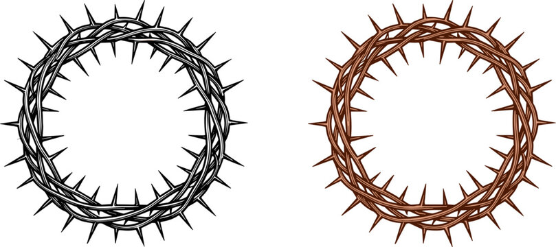 Crown of Thorns Illustration Collection Featuring Black and Brown Circular Thorn Wreath Designs with Religious and Symbolic Elements