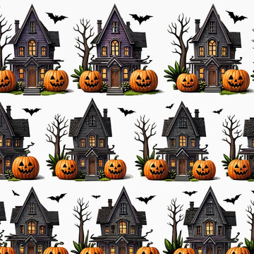 Spooky Haunted House and Jack-o-Lantern Seamless Halloween Pattern