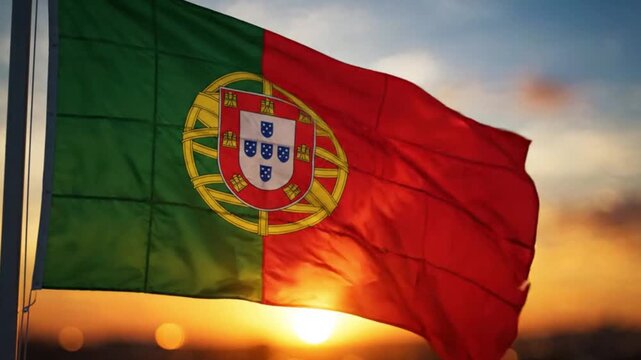The national flag of portugal waving against a beautiful sunset sky