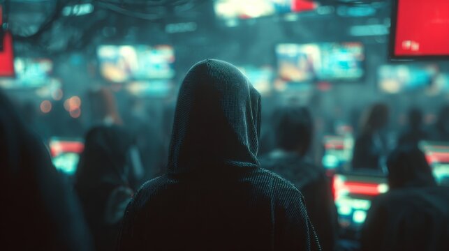 Mysterious Figure in Hoodie Surrounded by Monitors in a Crowded Internet Cafe with Glowing Screens