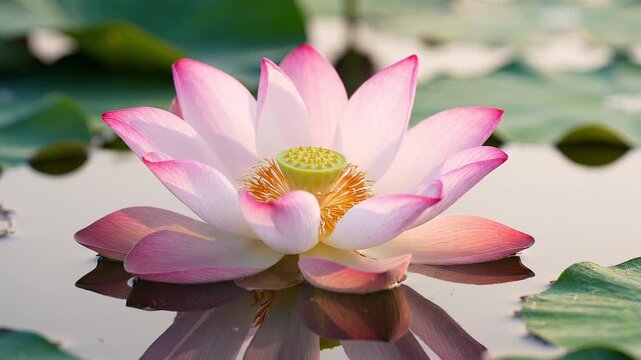Time lapse of a single beautiful pink lotus flower blooming gracefully on calm water surface with a clear reflection.