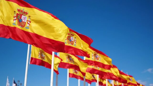 Multiple spanish flags waving against a clear blue sky