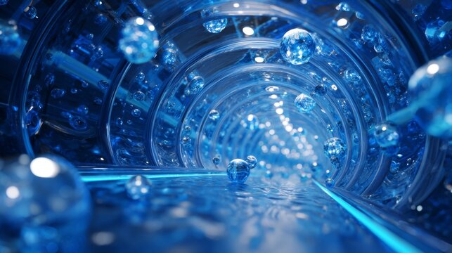 Enigmatic Crystal Tunnel Filled with Floating Air Bubbles Under Soft Blue Light Effects