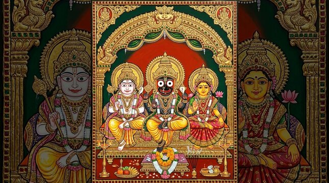 "Golden Blessing &mdash; The Holy Trinity of Jagannath in Tanjore Devotional Art"