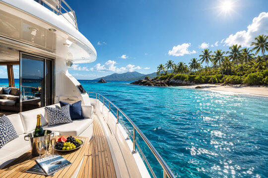 This stunning wide-angle photograph, "image_68431c.png," captures the ultimate luxury vacation experience from the aft deck of a private yacht. The teak-decked lounge area, complete with plush white 
