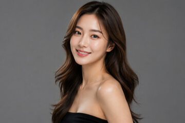 Fototapeta premium A woman stands smiling with long hair in a studio with gray backdrop. She wears a black top and faces the camera while posing confidently.